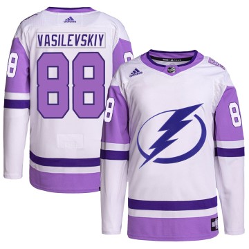 Authentic Adidas Men's Andrei Vasilevskiy Tampa Bay Lightning Hockey Fights Cancer Primegreen Jersey - White/Purple
