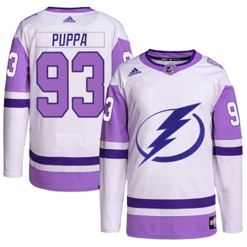 Authentic Adidas Men's Daren Puppa Tampa Bay Lightning Hockey Fights Cancer Primegreen Jersey - White/Purple