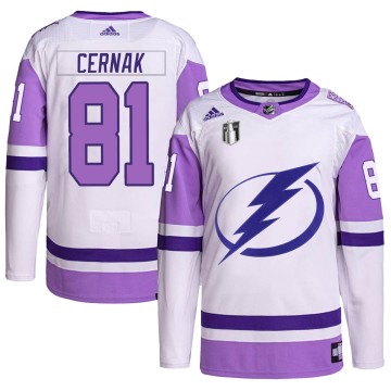 Authentic Adidas Men's Erik Cernak Tampa Bay Lightning Hockey Fights Cancer Primegreen 2022 Stanley Cup Final Jersey - White/Pur