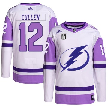 Authentic Adidas Men's John Cullen Tampa Bay Lightning Hockey Fights Cancer Primegreen 2022 Stanley Cup Final Jersey - White/Pur