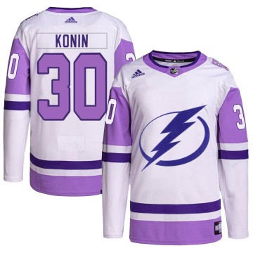 Authentic Adidas Men's Kyle Konin Tampa Bay Lightning Hockey Fights Cancer Primegreen 2022 Stanley Cup Final Jersey - White/Purp