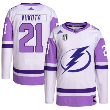 Authentic Adidas Men's Mick Vukota Tampa Bay Lightning Hockey Fights Cancer Primegreen 2022 Stanley Cup Final Jersey - White/Pur