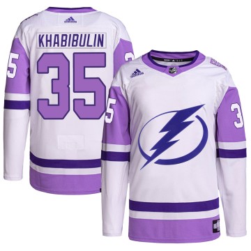 Authentic Adidas Men's Nikolai Khabibulin Tampa Bay Lightning Hockey Fights Cancer Primegreen Jersey - White/Purple