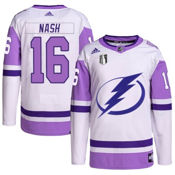 Authentic Adidas Men's Riley Nash Tampa Bay Lightning Hockey Fights Cancer Primegreen 2022 Stanley Cup Final Jersey - White/Purp