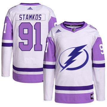 Authentic Adidas Men's Steven Stamkos Tampa Bay Lightning Hockey Fights Cancer Primegreen Jersey - White/Purple