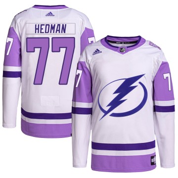 Authentic Adidas Men's Victor Hedman Tampa Bay Lightning Hockey Fights Cancer Primegreen Jersey - White/Purple
