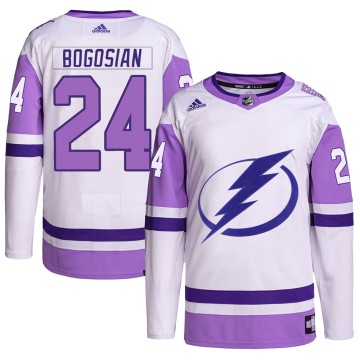 Authentic Adidas Men's Zach Bogosian Tampa Bay Lightning Hockey Fights Cancer Primegreen Jersey - White/Purple