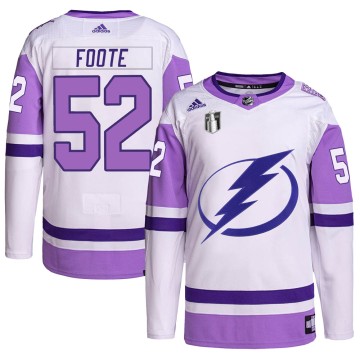 Authentic Adidas Youth Cal Foote Tampa Bay Lightning Hockey Fights Cancer Primegreen 2022 Stanley Cup Final Jersey - White/Purpl