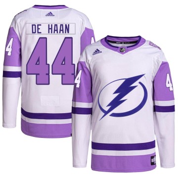 Authentic Adidas Youth Calvin de Haan Tampa Bay Lightning Hockey Fights Cancer Primegreen Jersey - White/Purple