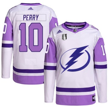 Authentic Adidas Youth Corey Perry Tampa Bay Lightning Hockey Fights Cancer Primegreen 2022 Stanley Cup Final Jersey - White/Pur