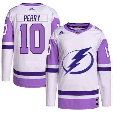 Authentic Adidas Youth Corey Perry Tampa Bay Lightning Hockey Fights Cancer Primegreen Jersey - White/Purple