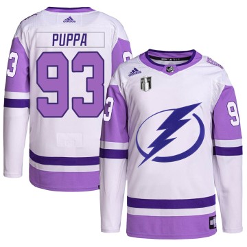 Authentic Adidas Youth Daren Puppa Tampa Bay Lightning Hockey Fights Cancer Primegreen 2022 Stanley Cup Final Jersey - White/Pur