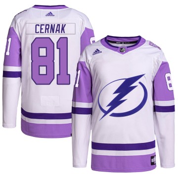 Authentic Adidas Youth Erik Cernak Tampa Bay Lightning Hockey Fights Cancer Primegreen Jersey - White/Purple