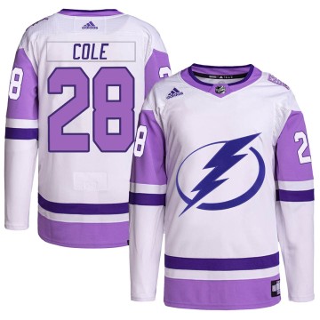 Authentic Adidas Youth Ian Cole Tampa Bay Lightning Hockey Fights Cancer Primegreen Jersey - White/Purple