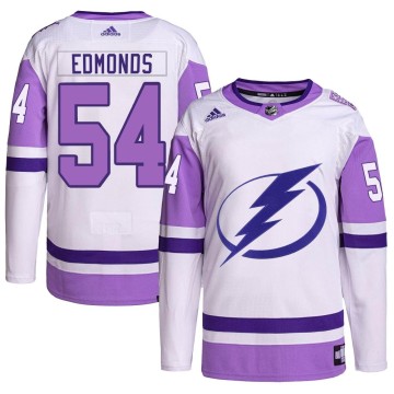 Authentic Adidas Youth Lucas Edmonds Tampa Bay Lightning Hockey Fights Cancer Primegreen Jersey - White/Purple