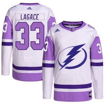 Authentic Adidas Youth Maxime Lagace Tampa Bay Lightning Hockey Fights Cancer Primegreen Jersey - White/Purple