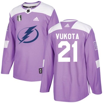 Authentic Adidas Youth Mick Vukota Tampa Bay Lightning Fights Cancer Practice 2022 Stanley Cup Final Jersey - Purple