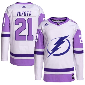 Authentic Adidas Youth Mick Vukota Tampa Bay Lightning Hockey Fights Cancer Primegreen Jersey - White/Purple