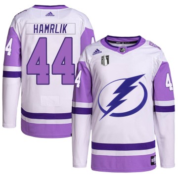 Authentic Adidas Youth Roman Hamrlik Tampa Bay Lightning Hockey Fights Cancer Primegreen 2022 Stanley Cup Final Jersey - White/P
