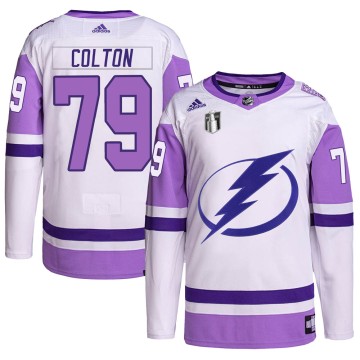 Authentic Adidas Youth Ross Colton Tampa Bay Lightning Hockey Fights Cancer Primegreen 2022 Stanley Cup Final Jersey - White/Pur
